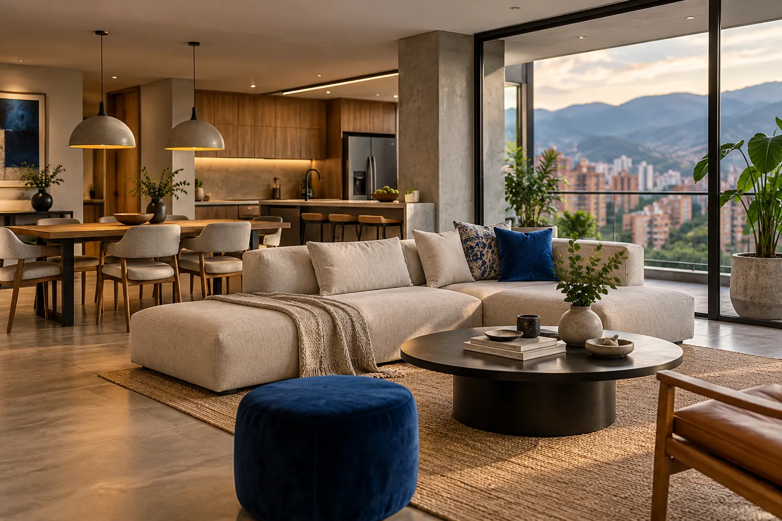 Remodelación de apartamentos en Medellín: distribución y acabados Apartamento urbano en Medellín con sala integrada, cocina abierta y vista a las montañas