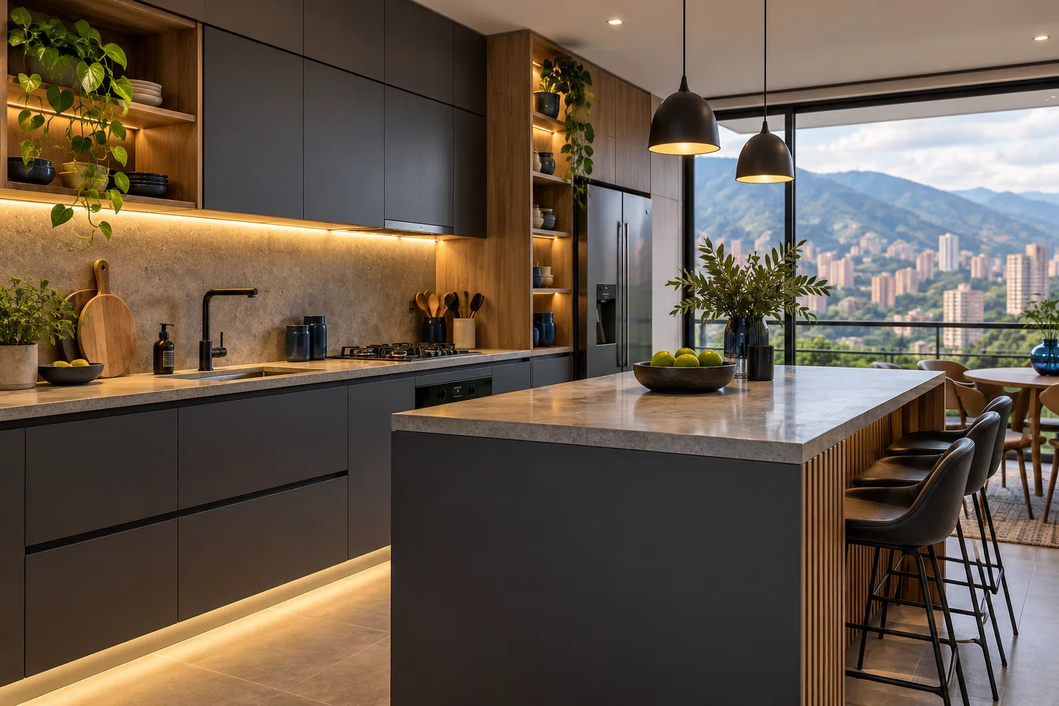 Remodelación de cocinas en Medellín: muebles grafito y mesón de piedra Cocina urbana en Medellín con muebles grafito, mesón de piedra e isla frente a las montañas