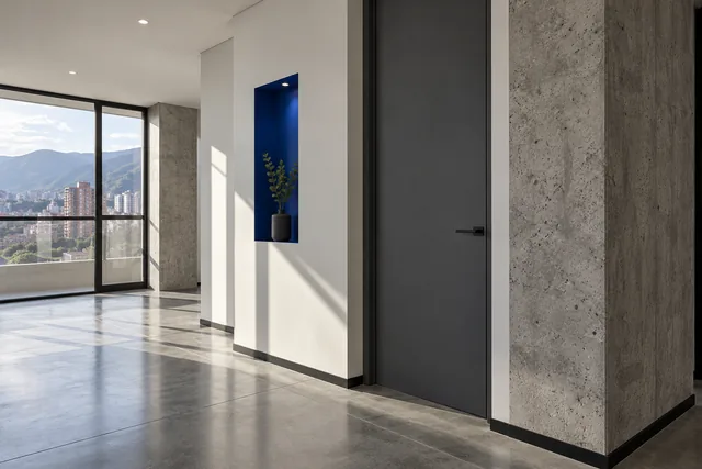 Piso pulido, pared clara y puerta grafito: concepto de acabados interiores para viviendas en Medellín