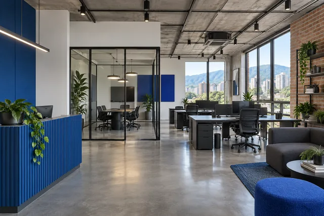 Oficina con divisiones de vidrio y acero negro: inspiración para remodelación de oficinas en Medellín